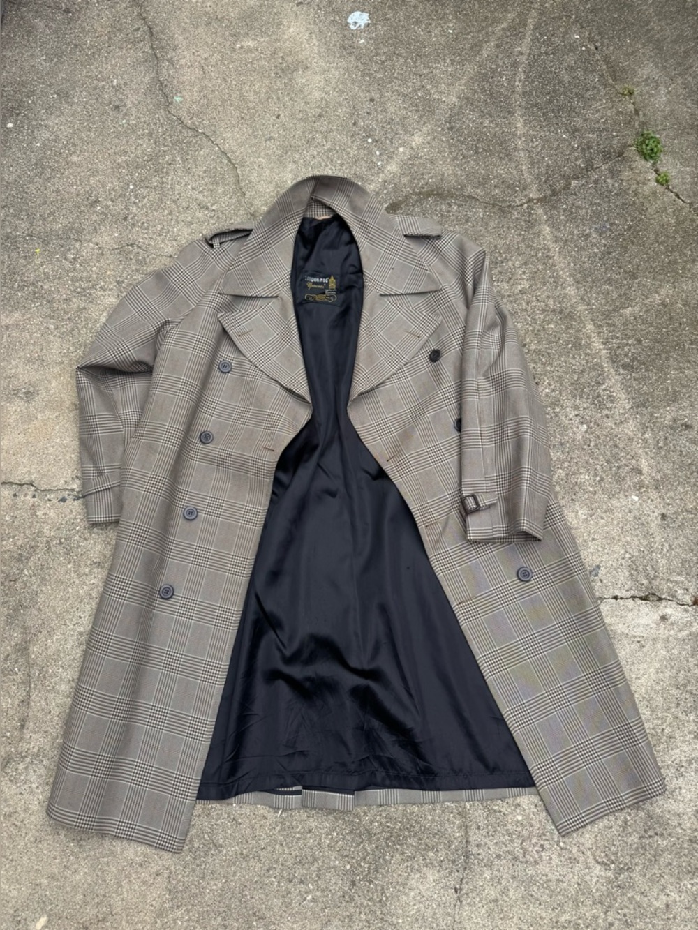 Vintage 80s London Fog Trench Coat Plaid Maincoat Brown R42 Double Breasted